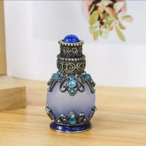 0.51oz Ornate Blue Rhinestone Antique Brass Glass Refillable Perfume Bottle